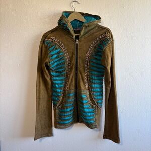 K.P.C Women's Large Green Blue Patchwork Embroidered Full Zip Hoodie Boho Gypsy